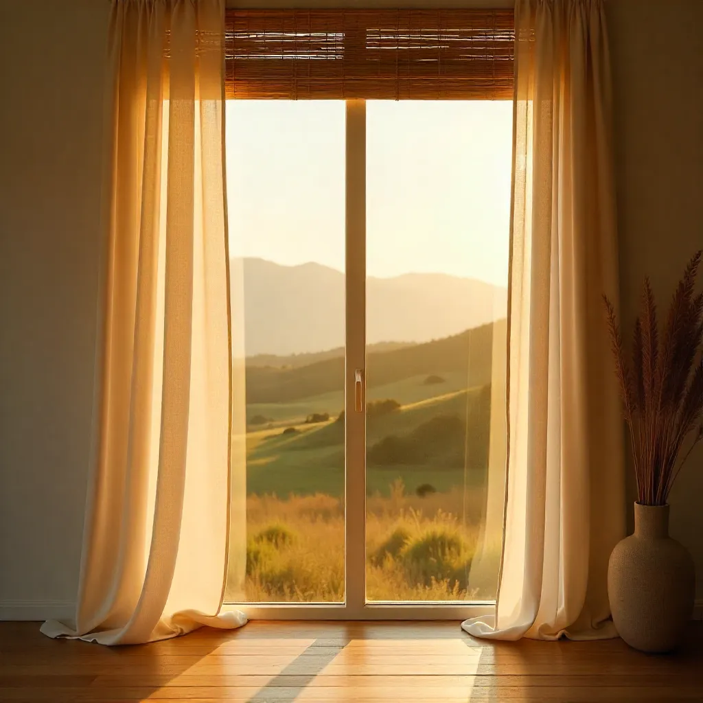 Pleated eco-curtains in natural fabric